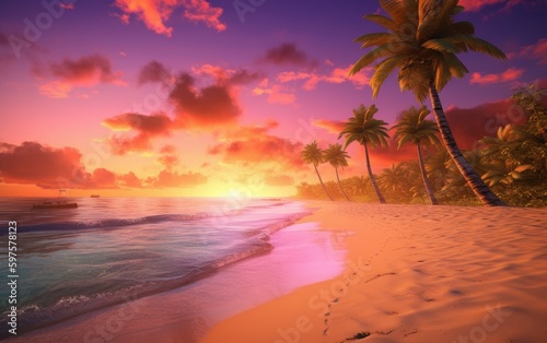Tropical beach scene sunset. Generate Ai
