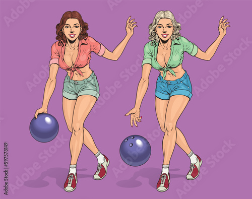 Cute woman throwing bowling ball, isolated on a white background. Hand drawn vector illustration