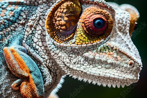 Close up of Chameleon on a brach in Tropical rainforest. Wildlife concept of ecological environment. Generative AI