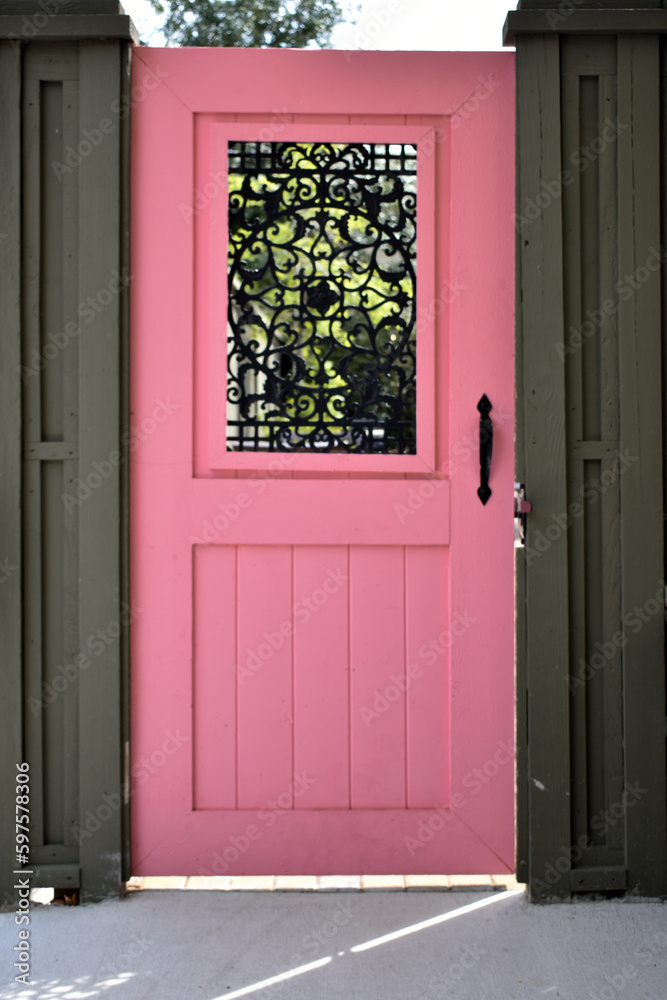 Pink and green door black metal wrought iron Pink and green door black metal wrought iron