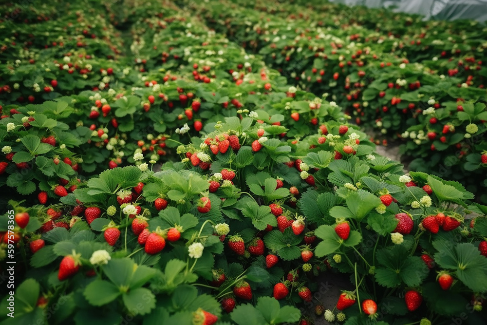 Obraz premium Campo de morango na fazenda de frutas. Morango orgânico maduro fresco