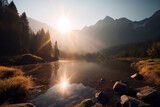 Parque Nacional Tatra, um lago nas montanhas ao amanhecer do sol. Polônia