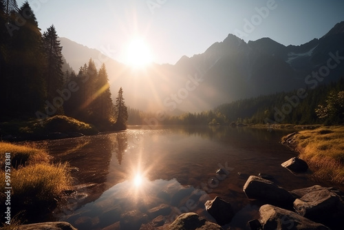 Parque Nacional Tatra, um lago nas montanhas ao amanhecer do sol. Polônia © Alexandre