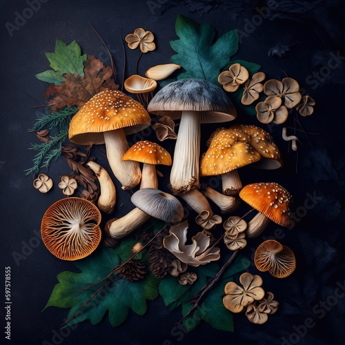 Wild multi-colored mushrooms on a black background  top view
