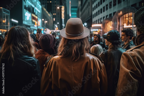 Crowd of people in busy street back view. Digitally generated AI image. Not an actual real people.