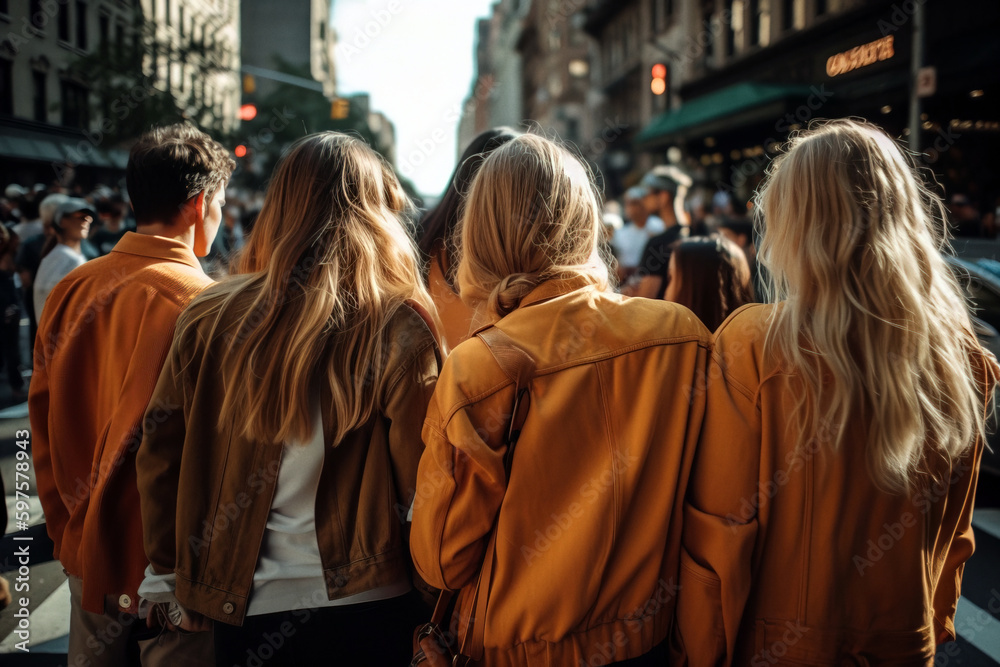 Crowd of people in busy street back view. Digitally generated AI image. Not an actual real people. Crowd of people in busy street back view. Digitally generated AI image. Not an actual real people.