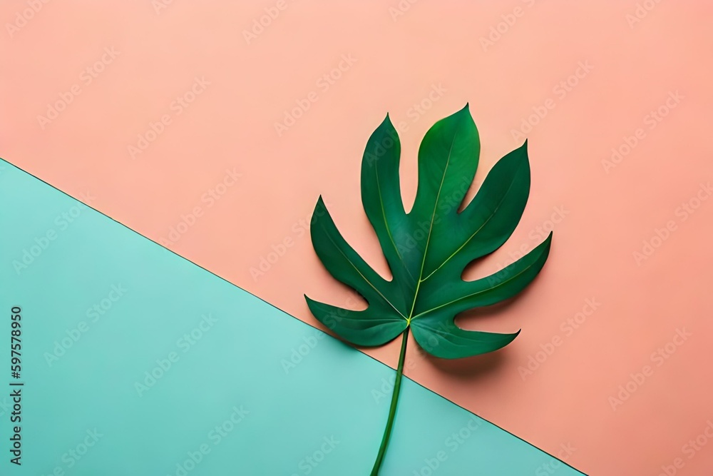 Tropical monstera leaves isolated on pastel spring background with copy space