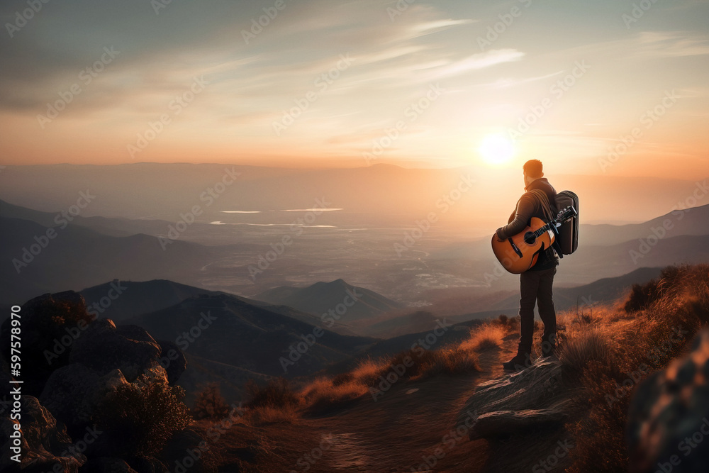 Man with guitar in mountains on sunset in search of inspiration. Digitally generated AI image. Not an actual real person. Man with guitar in mountains on sunset in search of inspiration. Digitally generated AI image. Not an actual real person.