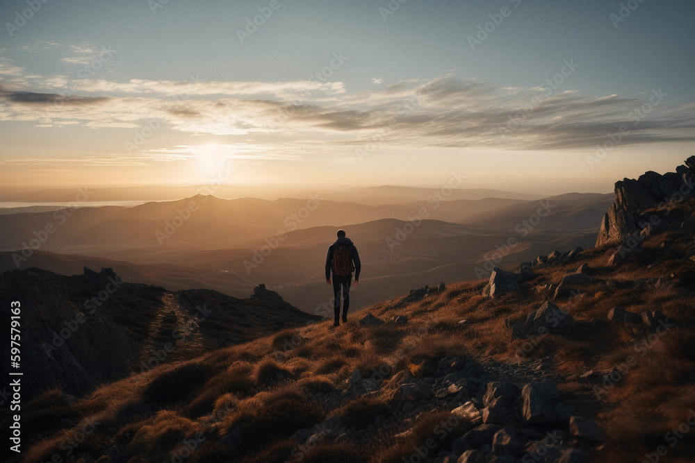 Man in mountains enjoys beautiful sunset and spectacular landscape. Digitally generated AI image. Not an actual real person.