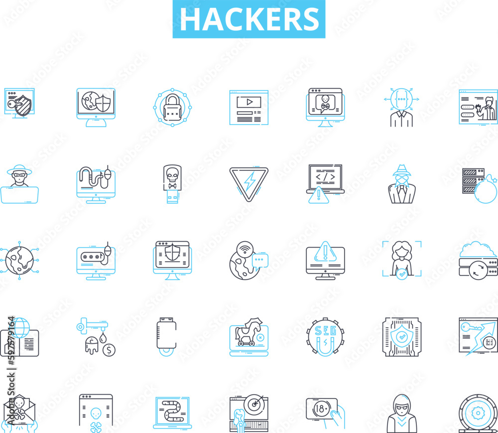 Hackers linear icons set. Cybercriminals, Intruders, Crackers, Hacktivists, Black hats, White hats, Rogue line vector and concept signs. Spies,Cyberpunks,Phreakers outline illustrations Hackers linear icons set. Cybercriminals, Intruders, Crackers, Hacktivists, Black hats, White hats, Rogue line vector and concept signs. Spies,Cyberpunks,Phreakers outline illustrations