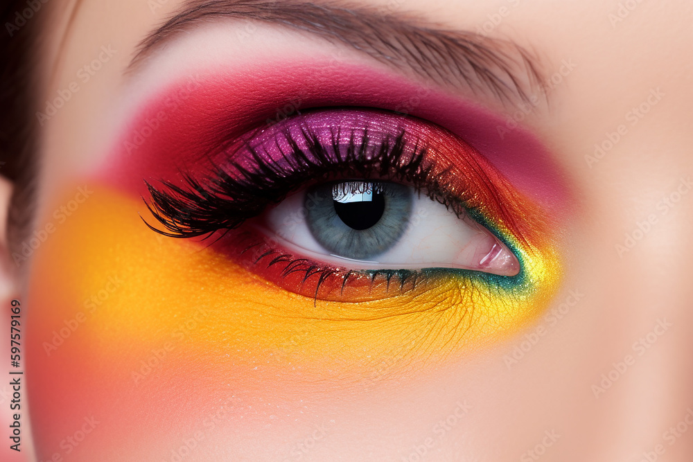 Olho de mulher com closeup de maquiagem colorida