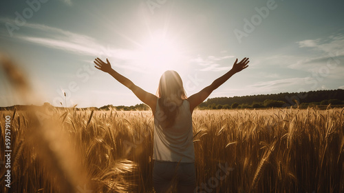Jovem mulher caucasiana aproveitando o sol e o verão em um campo verde sob os raios do sol com os braços abertos photo