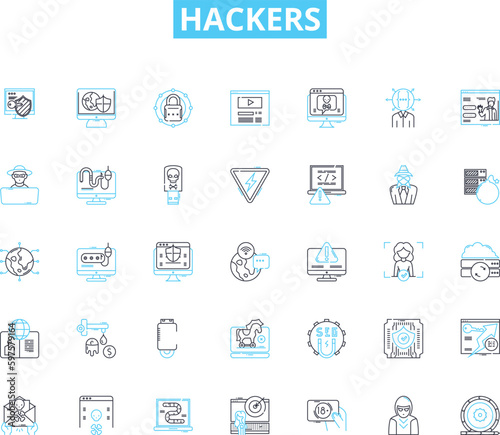 Hackers linear icons set. Cybercriminals, Intruders, Crackers, Hacktivists, Black hats, White hats, Rogue line vector and concept signs. Spies,Cyberpunks,Phreakers outline illustrations