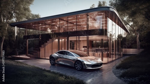 Effortless Elegance: A Sophisticated Home Powered by Transparent Solar Panels and a Luxury Electric Car with Sustainable Integratio, Generative ai © Elena
