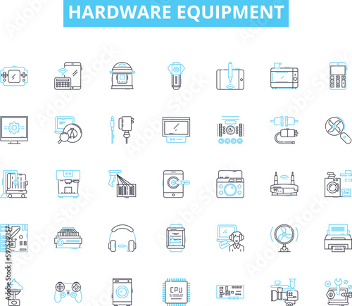 Hardware equipment linear icons set. Processor, Graphics, Motherboard, Memory, Storage, Display, Keyboard line vector and concept signs. Mouse,Audio,Ethernet outline illustrations