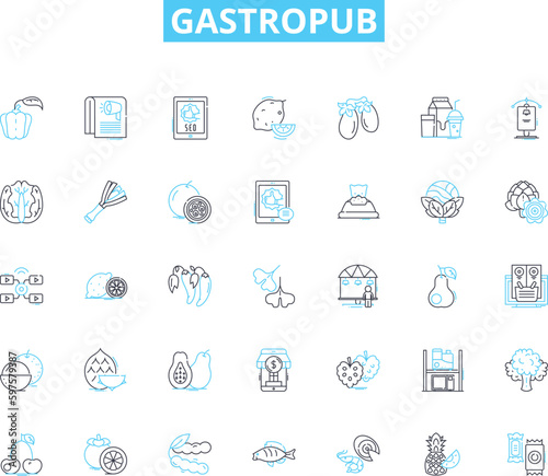 Gastropub linear icons set. Beer, Bite, Booze, Brewery, Brunch, Bullseye, Casual line vector and concept signs. Comfort,Cozy,Craft outline illustrations
