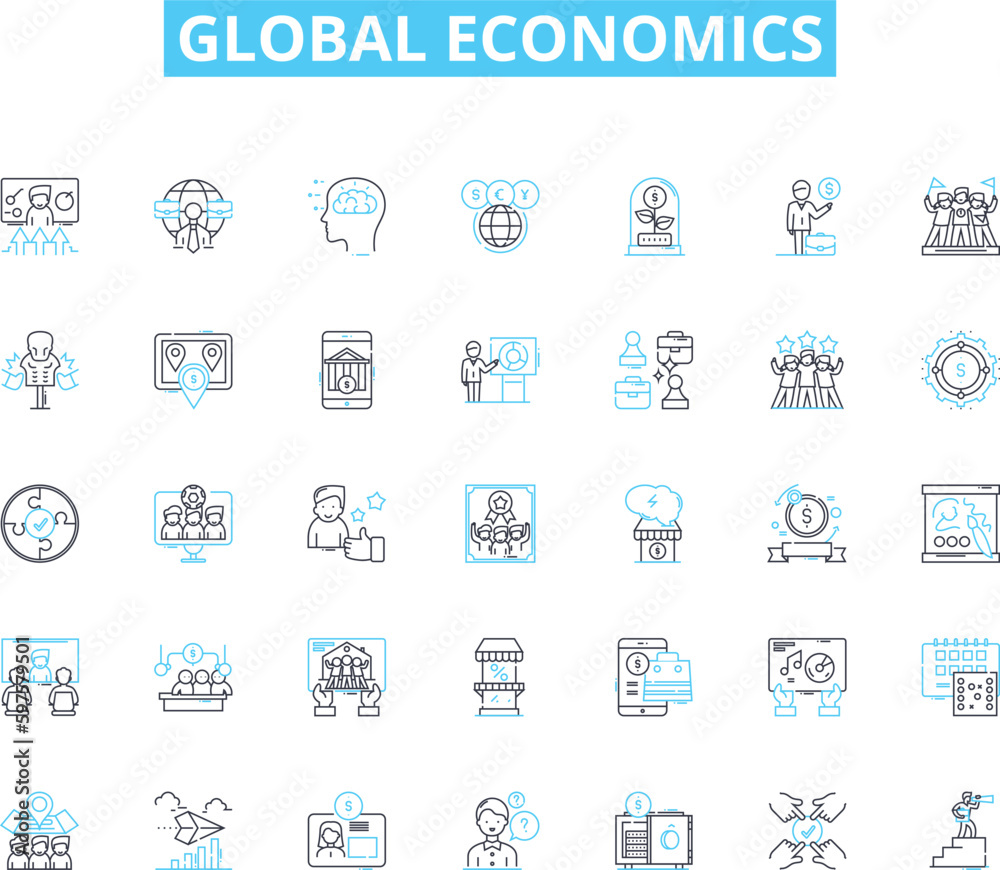 Global economics linear icons set. Trade, Exchange, Growth, Recession, Inflation, Deflation, Market line vector and concept signs. Capitalism,Socialism,Globalization outline illustrations