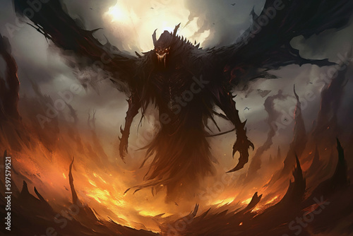 Giant shadow demon in flame. Digitally generated AI image
