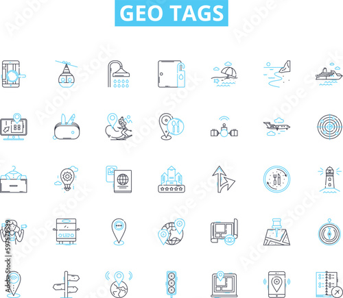 Geo tags linear icons set. Latitude, Longitude, Coordinates, Location, Maps, Finding, Direction line vector and concept signs. Navigation,Travel,Geo-fencing outline illustrations