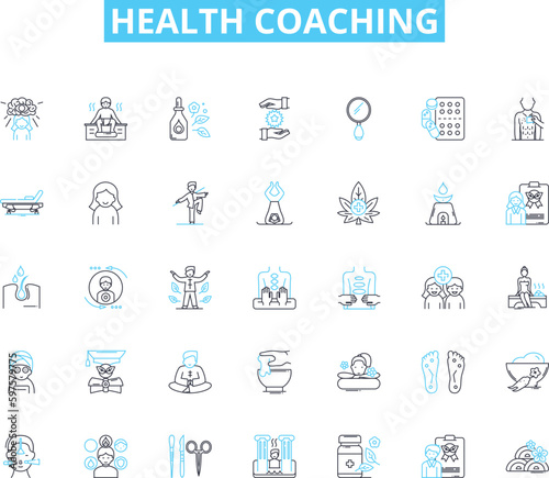 Health coaching linear icons set. Wellness, Nutrition, Exercise, Motivation, Accountability, Self-care, Mindfulness line vector and concept signs. Lifestyle,Transformation,Support outline