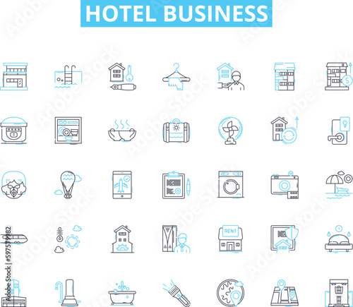 Hotel business linear icons set. Accommodation, Hospitality, Service, Comfort, Luxury, Travel, Room line vector and concept signs. Reservation,Amenities,Restaurant outline illustrations