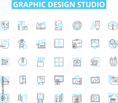 Graphic design studio linear icons set. Creativity, Typography, Branding, Logos, Illustration, Layout, Color line vector and concept signs. Composition,Animation,Infographics outline illustrations