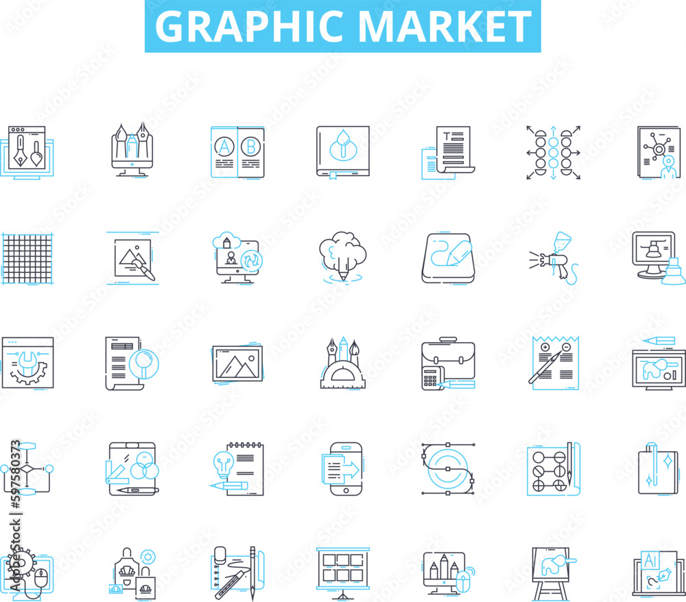 Graphic market linear icons set. Illustration, Logo, Branding, Typography, Vector, Design, Web line vector and concept signs. Print,Identity,Presentation outline illustrations