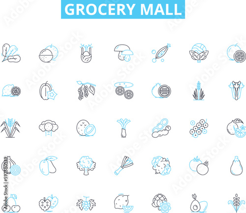 Grocery mall linear icons set. Produce, Dairy, Meat, Bakery, Frozen, Snacks, Canned line vector and concept signs. Beverages,Deli,Condiments outline illustrations