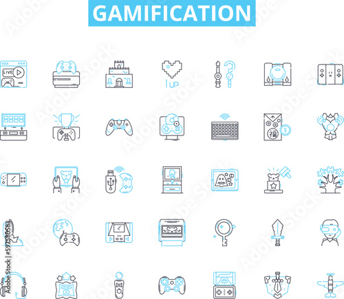 Gamification linear icons set. Incentives, Rewards, Metrics, Feedback, Engagement, Contests, Challenges line vector and concept signs. Progression,Personalization,Competition outline illustrations