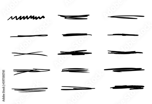 set of strikethrough underlines. Brush stroke markers collection. Vector illustration of crossed scribble lines isolated on white