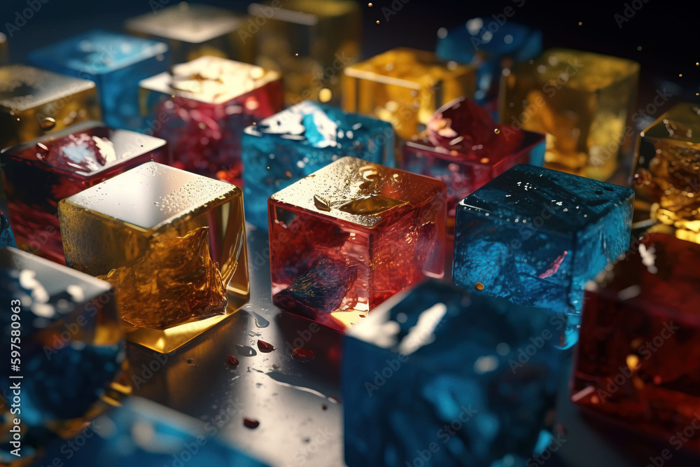 Colourful glass cubes with water drops. Digitally generated AI image Colourful glass cubes with water drops. Digitally generated AI image