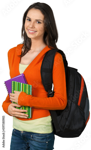 Friendly Girl with Backpack Standing and Holding Notepad - Isolated
