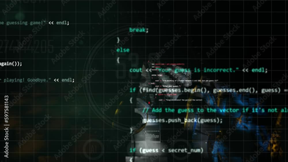 3d render motion graphic animation of robot artificial intelligence standing in line Camera closeup slide with programming code language overlay 3d render motion graphic animation of robot artificial intelligence standing in line Camera closeup slide with programming code language overlay