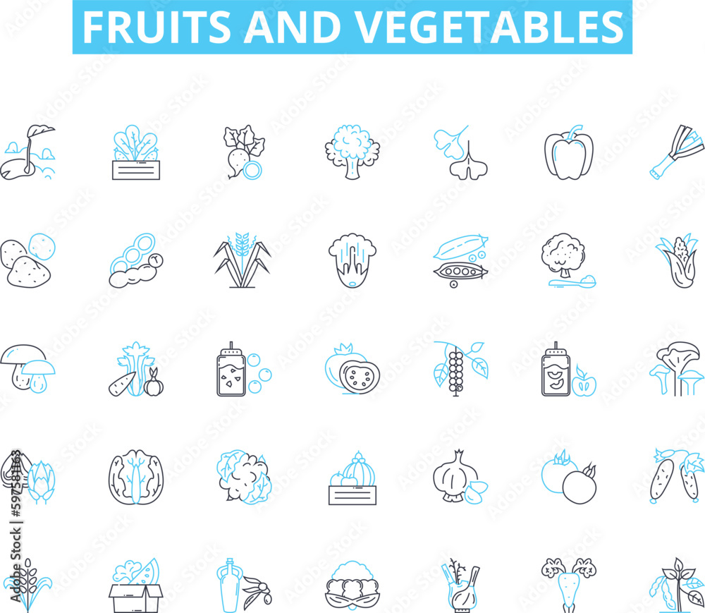 Fruits and vegetables linear icons set. Apples, Oranges, Bananas, Kiwis, Grapes, Pears, Pineapple line vector and concept signs. Watermelon,Cantaloupe,Mango outline illustrations