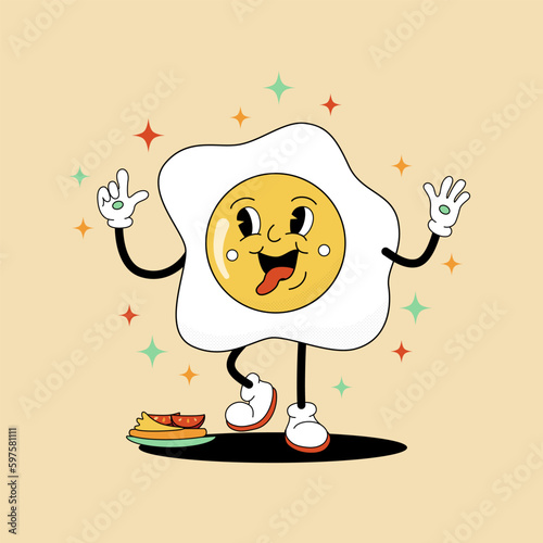Comic flat Fried Egg with face on decorated background. Vector cartoon illustration in groovy retro style with breakfast set. Image of fresh tasty breakfast character with smile for template or design