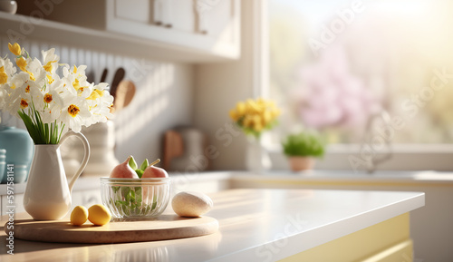 Empty kitchen counter worktop for product display. White flowers vase. Generative ai