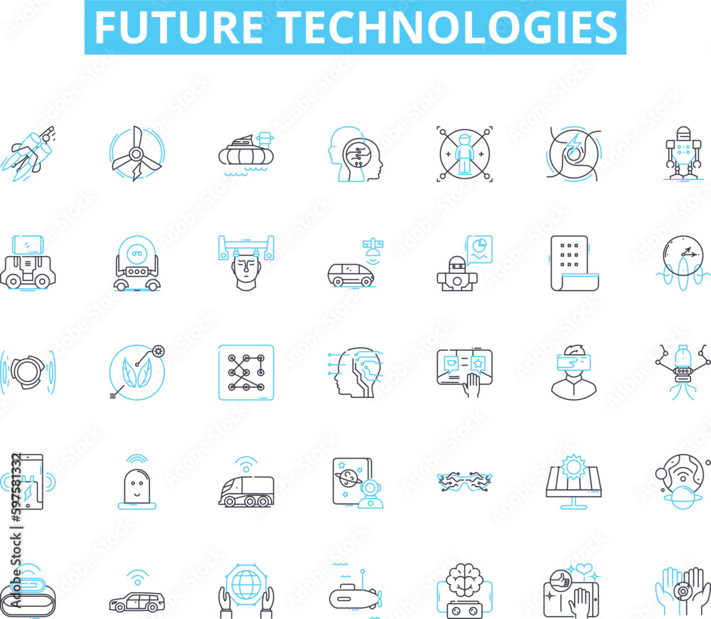 Future technologies linear icons set. Robotics, Drs, Augmented Reality, Virtual Reality, Biotechnology, Nanotechnology, Quantum Computing line vector and concept signs. Artificial Intelligence