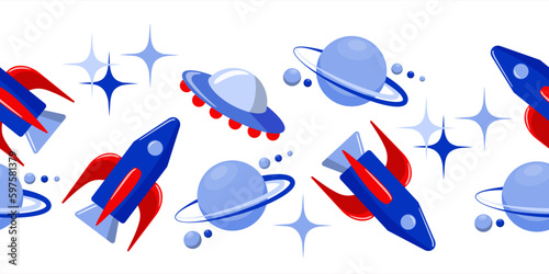Rockets, ufo, planets and stars on a white background. Seamless border. Space vector illustration for stationery decor, wallpaper, packaging.