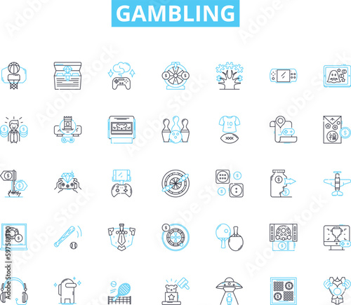 Gambling linear icons set. Risk, Chance, Luck, Bet, Casino, Vegas, Jackpot line vector and concept signs. Roulette,Poker,Blackjack outline illustrations