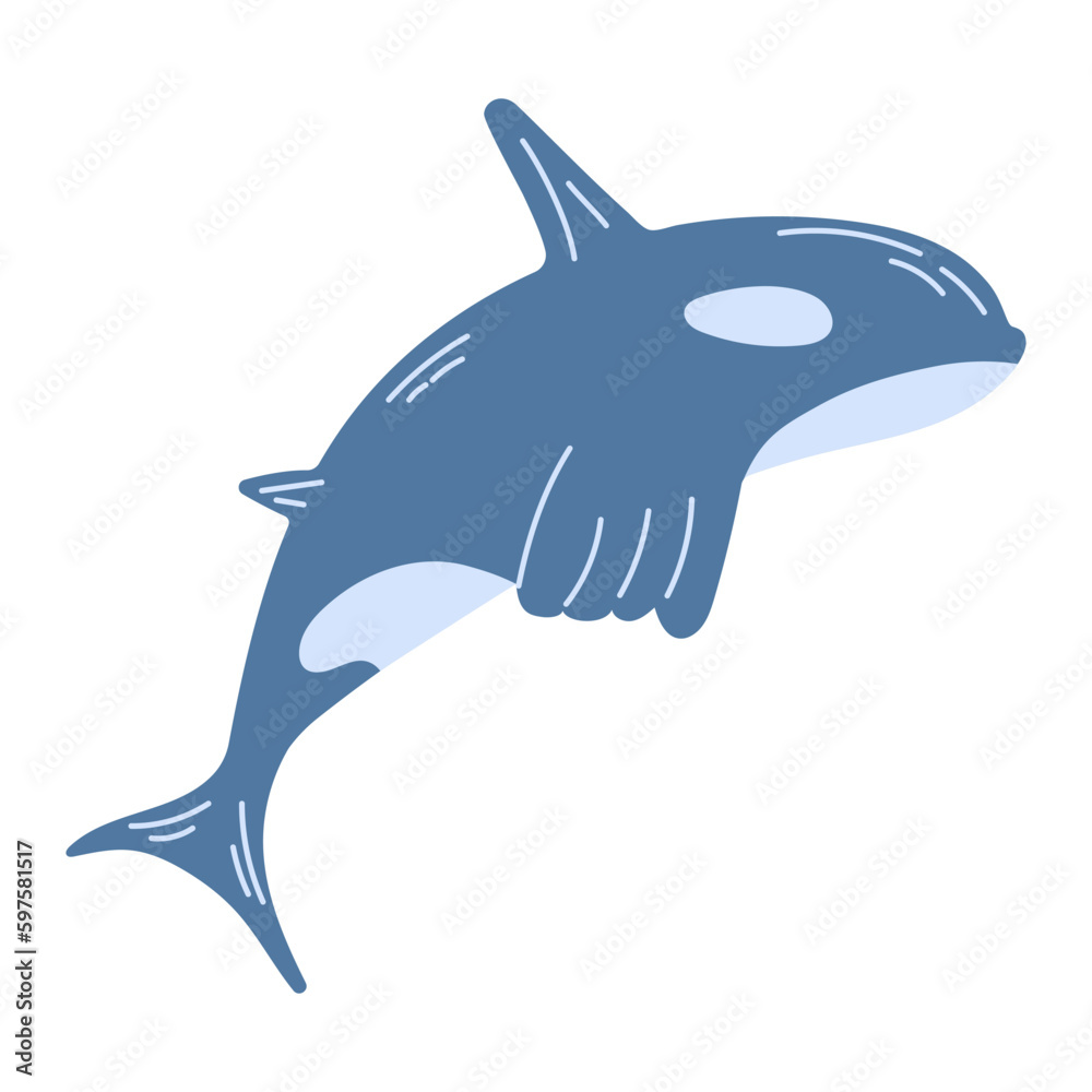 Blue killer whale or Orca isolated on white background. Sea animal, underwater inhabitant. Modern hand drawn flat illustration. Blue killer whale or Orca isolated on white background. Sea animal, underwater inhabitant. Modern hand drawn flat illustration.