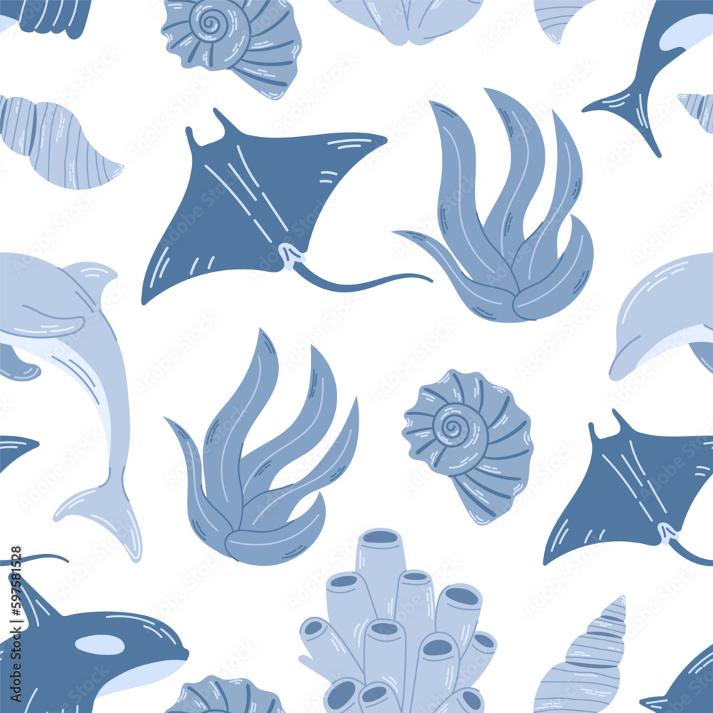 Blue seamless pattern with marine inhabitants. Can be used in textile industry, paper, background, scrapbooking. Blue seamless pattern with marine inhabitants. Can be used in textile industry, paper, background, scrapbooking.