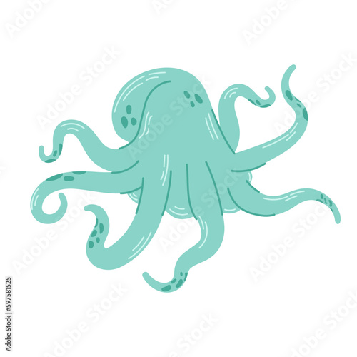 Green octopus isolated on white background. Marine animal or mollusc with tentacles, underwater inhabitant. Modern hand drawn flat illustration.