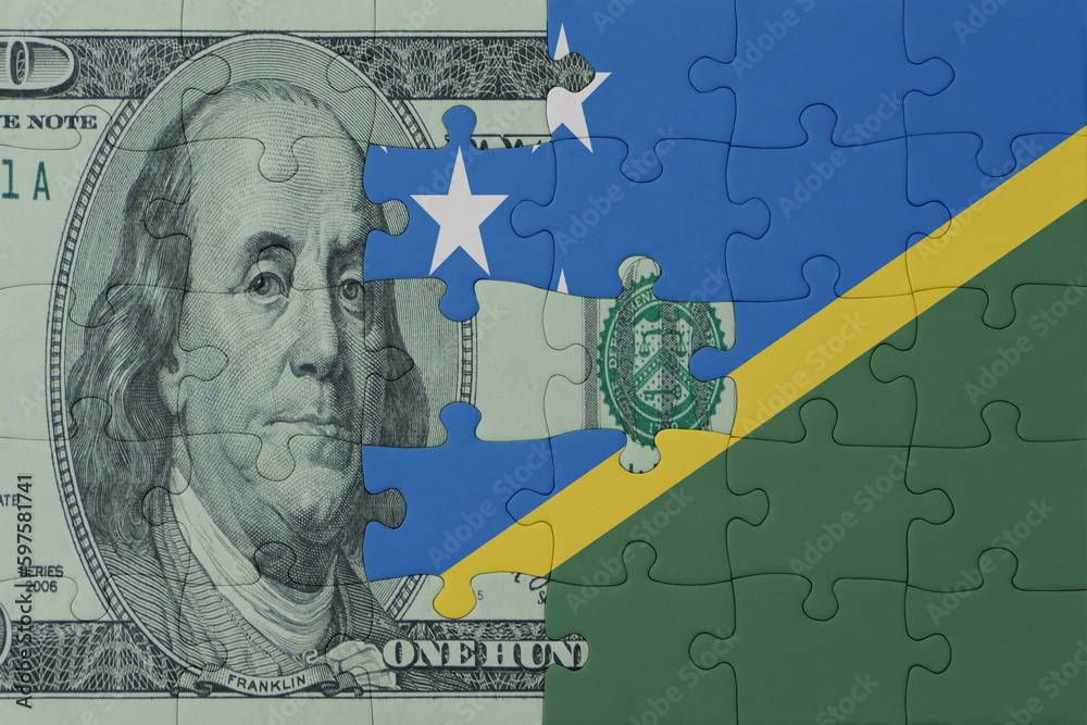 puzzle with the national flag of Solomon Islands and dollar money banknote. macro.concept.