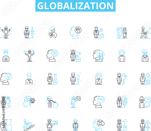 Globalization linear icons set. Interconnectedness, Integration, Interdependence, Homogenization, Cultural exchange, Standardization, Internationalization line vector and concept signs. Modernization