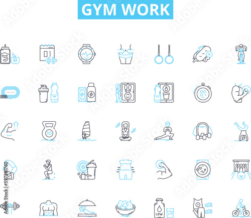Gym work linear icons set. Cardio, Strength, Weights, Resistance, Endurance, Flexibility, Mobility line vector and concept signs. Agility,Plyometrics,Circuit outline illustrations