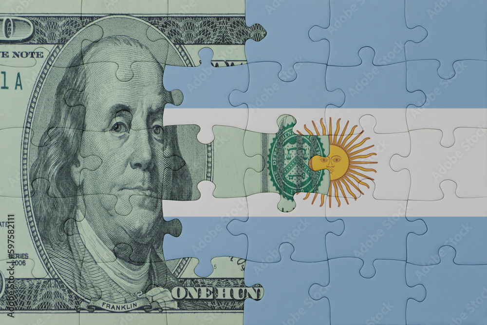 puzzle with the national flag of argentina and dollar money banknote. macro.concept.