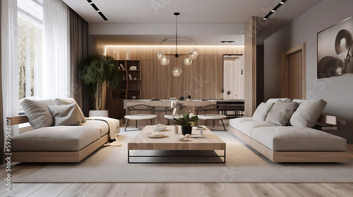 Living room in a modern  minimalist  and warm style.