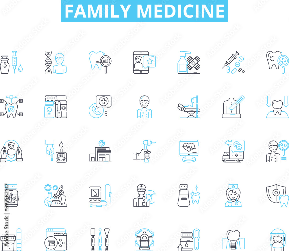 Family medicine linear icons set. Preventive, Comprehensive, Primary, Care, General, Consultation, Diagnostics line vector and concept signs. Screening,Immunizations,Counseling outline illustrations