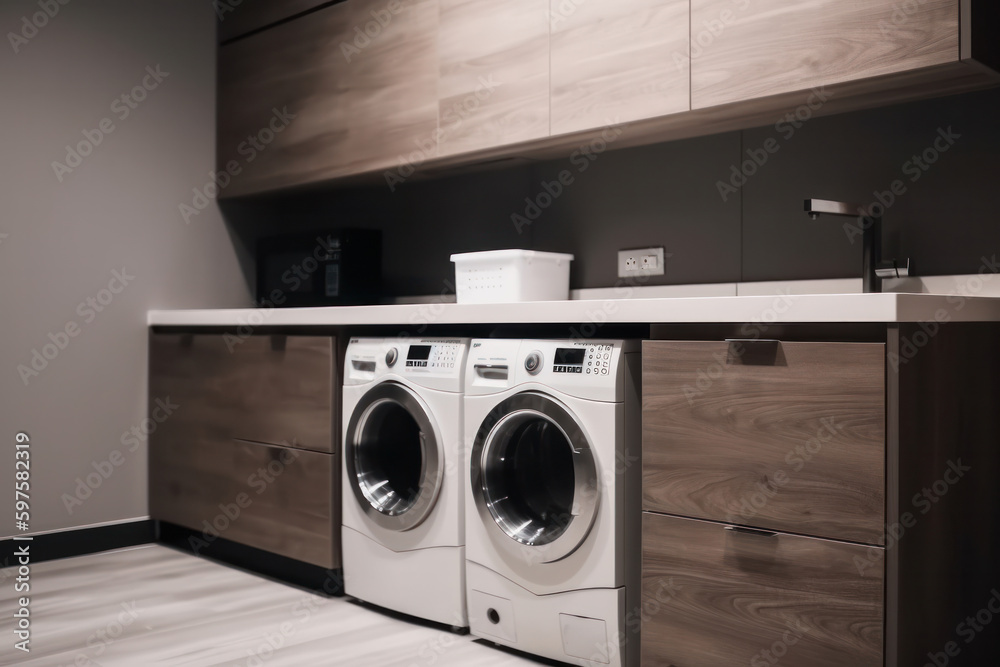 An elegant and functional laundry space with high-tech appliances that deliver impressive performance. Energy-efficient washer and dryer set with stylish design elements. AI Generative. An elegant and functional laundry space with high-tech appliances that deliver impressive performance. Energy-efficient washer and dryer set with stylish design elements. AI Generative.