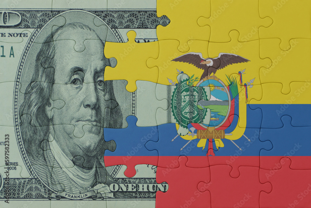 puzzle with the national flag of ecuador and dollar money banknote. macro.concept.